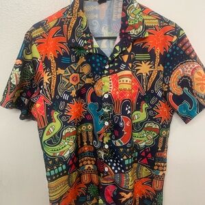 Black Tropical Animal Print Short-Sleeve Button Shirt